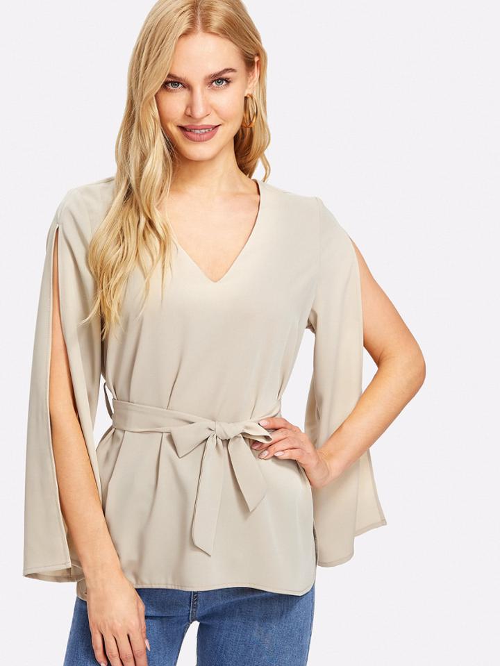 Shein Split Sleeve Self Belt Solid Top