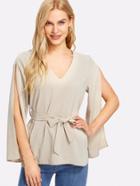 Shein Split Sleeve Self Belt Solid Top