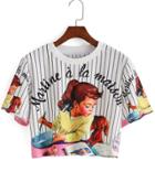 Shein Vertical Striped Girl Print Crop T-shirt