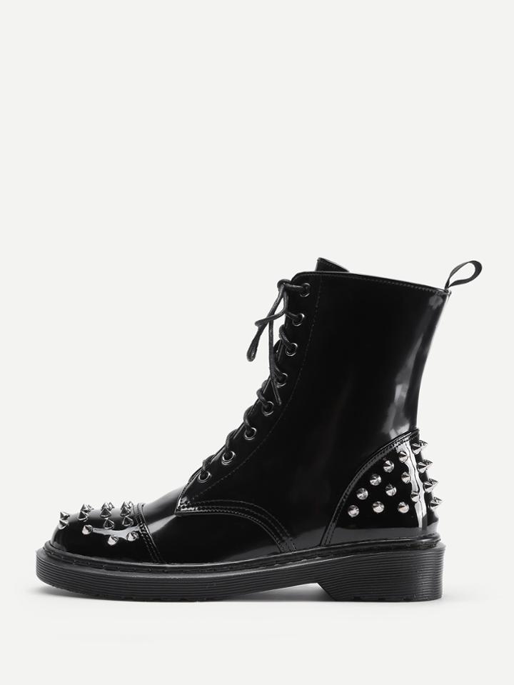 Shein Rockstud Detail Lace Up Patent Leather Boots