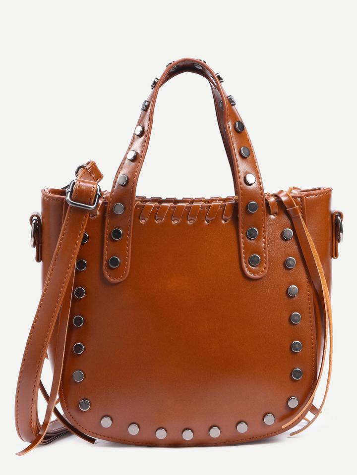 Shein Brown Studded Whipstitch Tote Bag With Strap