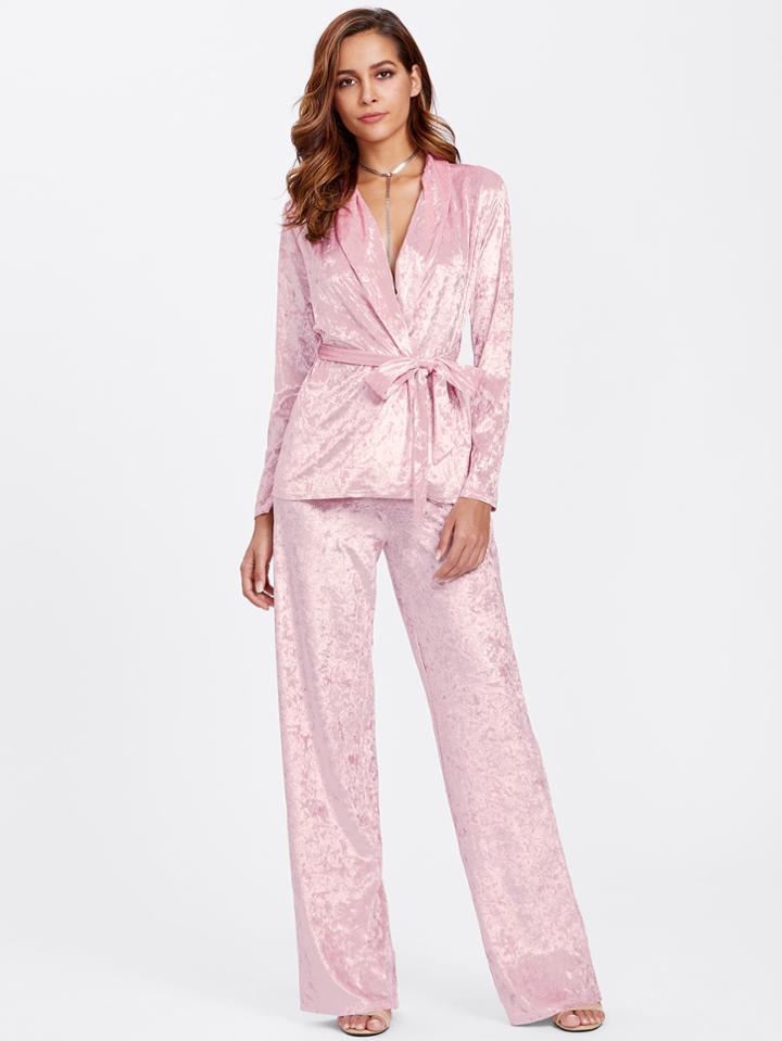 Shein Crushed Velvet Wrap Top & Pants Pajama Set