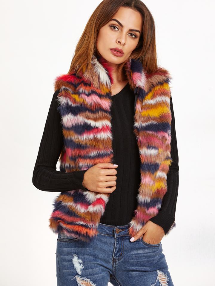 Shein Multicolor Faux Fur Stand Collar Vest
