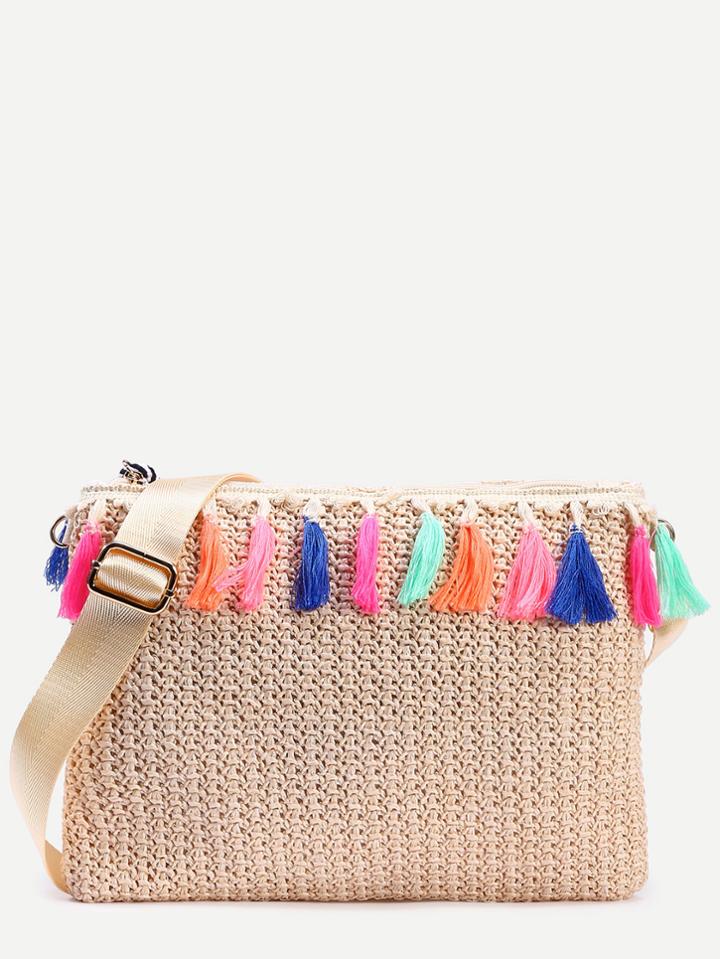 Shein Beige Colorful Tassel Detail Straw Clutch Bag