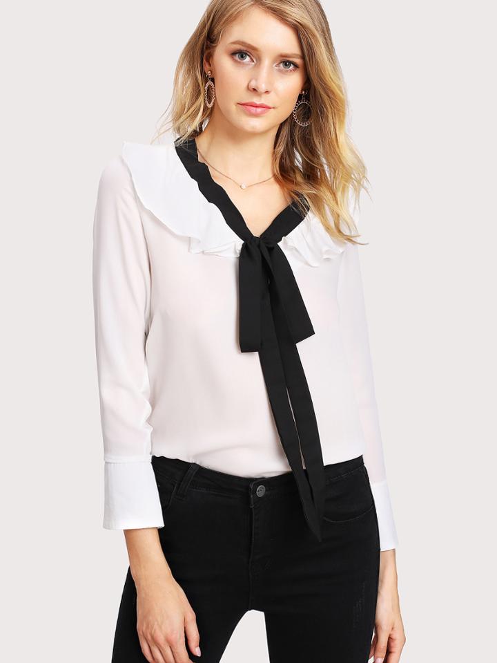 Shein Flounce Neckline Tie Neck Blouse
