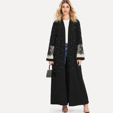 Shein Lace Contrast Dot Print Tie Waist Abaya