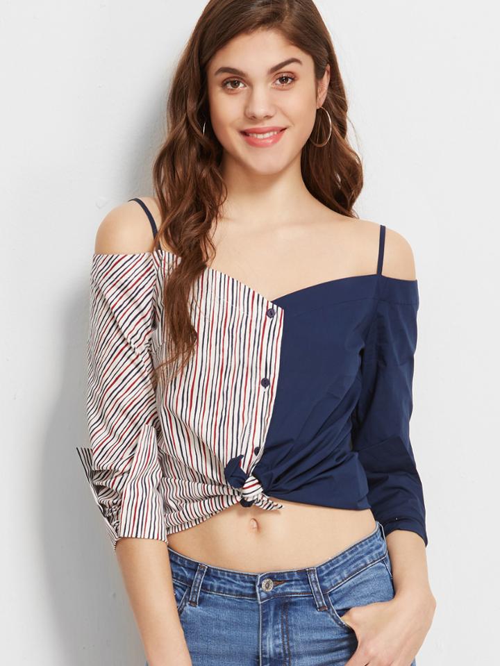 Shein Contrast Striped Cold Shoulder Knot Front Blouse