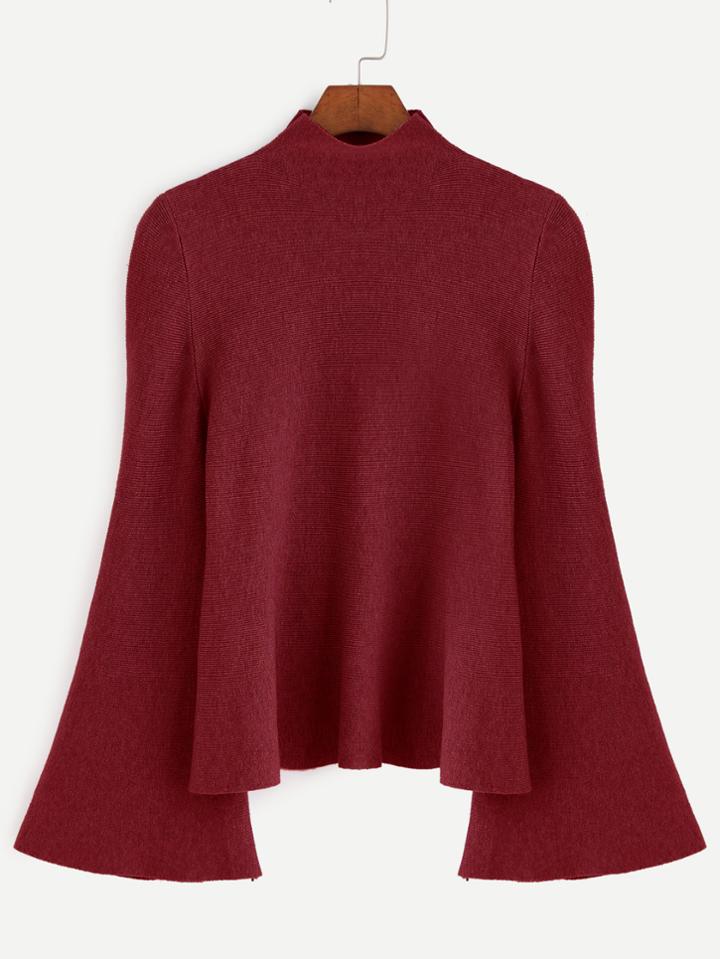 Shein Burgundy Mock Neck Bell Sleeve Jersey Sweater