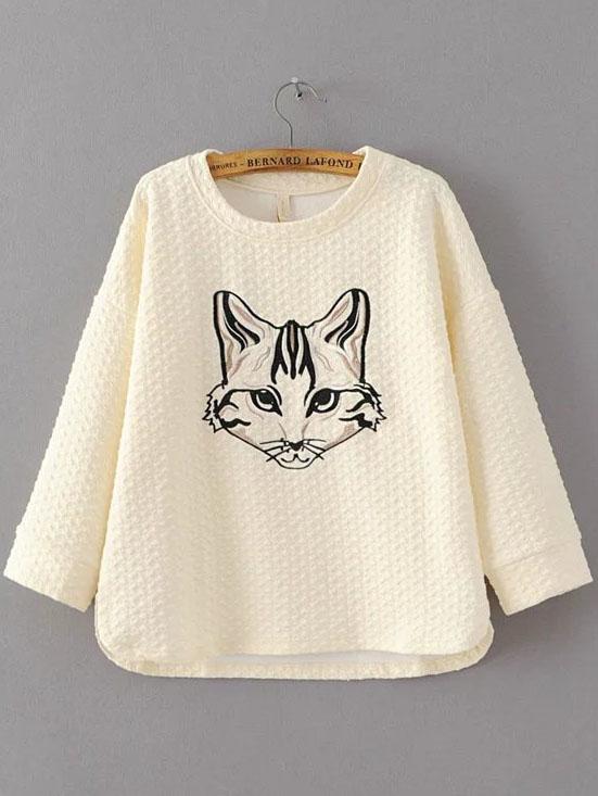 Shein Beige Cat Embroidery Textured Sweatshirt