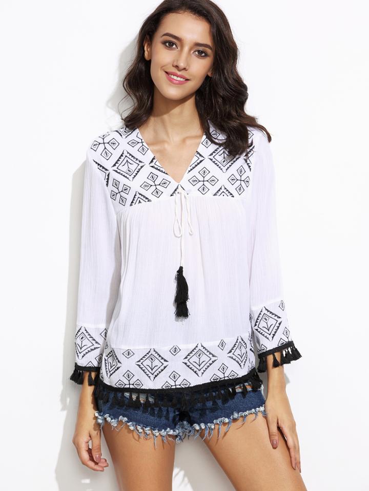 Shein White Tassel Trim Tribal Embroidery Blouse