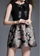 Rosewe Black Bowknot Embellished Flower Print Lantern Dress