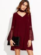 Shein Burgundy Lace Bell Sleeve Swing Dress With Choker