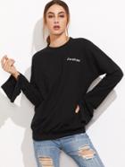 Shein Black Letter Print Zip Slit Sleeve Sweatshirt