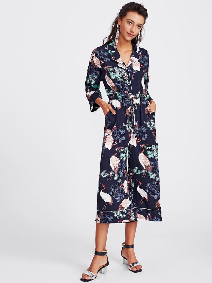 Shein Piping Detail Half Placket Pajama Jumpsuit