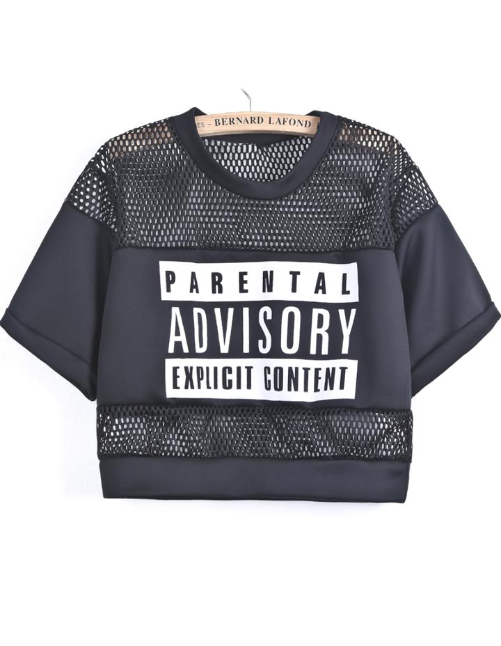 Shein Black Contrast Hollow Mesh Yoke Letters Print T-shirts