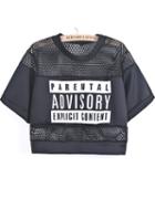 Shein Black Contrast Hollow Mesh Yoke Letters Print T-shirts