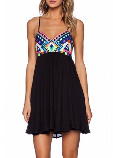 Rosewe Tribal Print Patchwork Cutout Back Black Camisole Dress