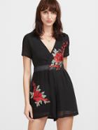 Shein Black Floral Embroidered V Neck Wrap Sheer Romper