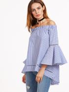 Shein Blue And White Striped Off The Shoulder Bell Sleeve Blouse