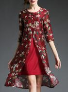 Shein Burgundy Floral Shift Silk Dress