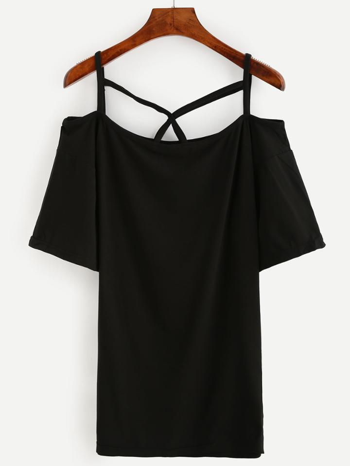 Shein Black Cold Shoulder Criss Cross Strap T-shirt