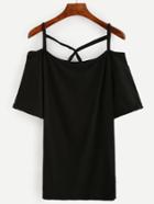 Shein Black Cold Shoulder Criss Cross Strap T-shirt