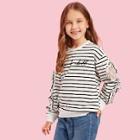 Shein Girls Contrast Lace Frill Trim Letter Embroidery Striped Sweatshirt
