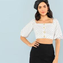 Shein Polka Dot Lantern Sleeve Crop Shirt