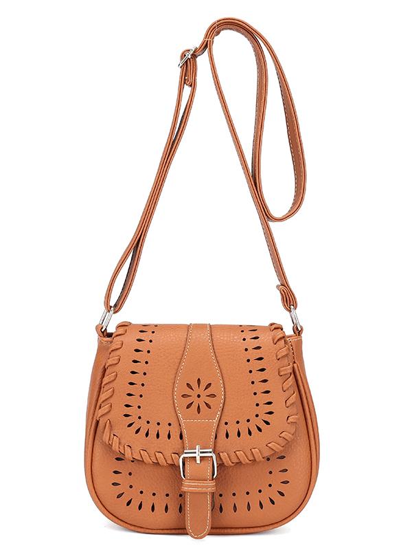 Shein Laser-cut Buckle Strap Saddle Bag - Brown
