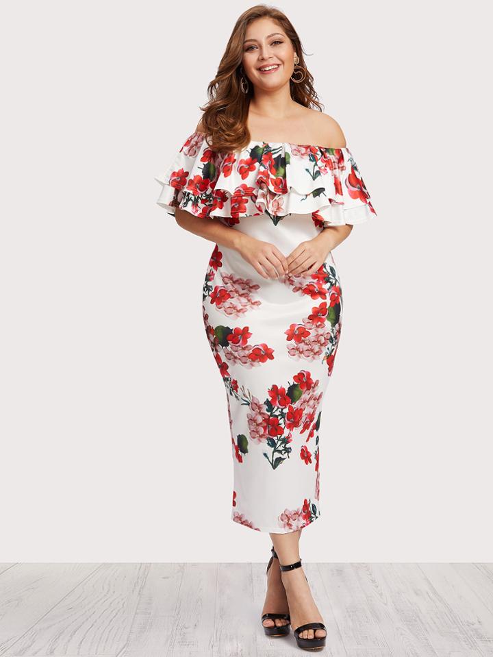 Shein Off Shoulder Floral Print Tiered Dress