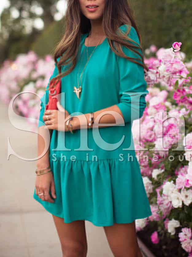 Shein Green Crew Neck Drop Waist Flounce Dress