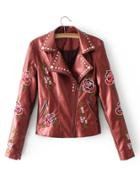 Shein Rose Embroidery Studded Detail Pu Jacket