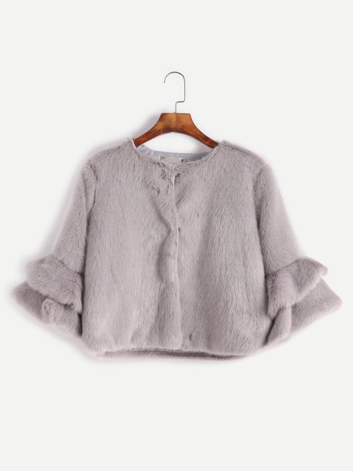 Shein Grey Tiered Bell Sleeve Faux Fur Coat