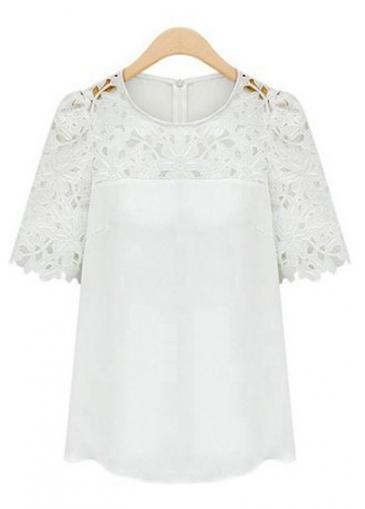 Rosewe Laconic Hollow Design Short Sleeve White T Shirt