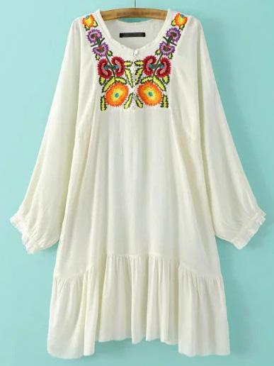 Shein Beige Elastic Cuff Embroidery Shift Dress