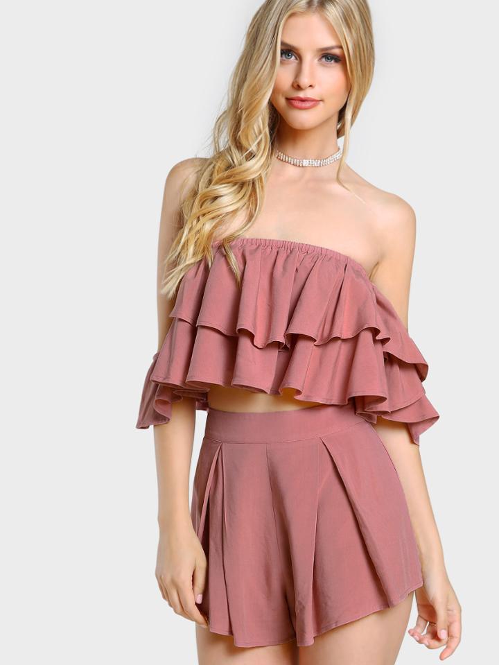 Shein Layered Flounce Bardot Top And Shorts Co-ord