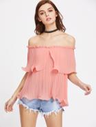 Shein Frilled Pleated Bardot Neck Top
