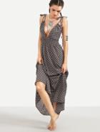 Shein Black Printed Tie Shoulder V Neck Shirred Dress