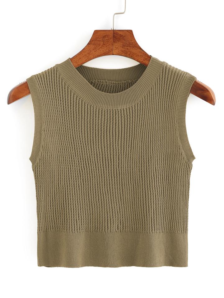 Shein Crop Ribbed Sweater Vest - Olive Green
