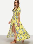 Shein Yellow  Floral Print Split Maxi Dress