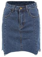 Shein Blue Frayed Denim Skirt With Pockets