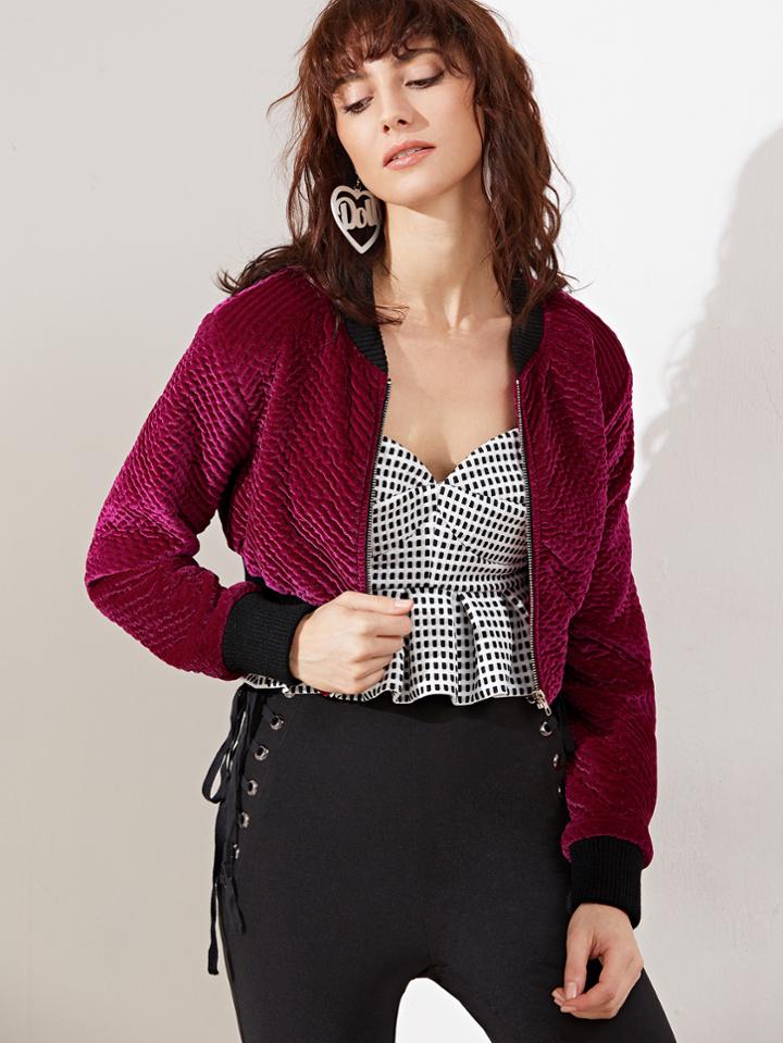 Shein Burgundy Contrast Ribbed Trim Crop Textured Velvet Bomber Jacket