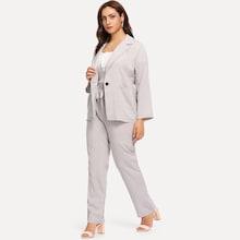 Shein Plus Solid Blazer With Knot Waist Pants