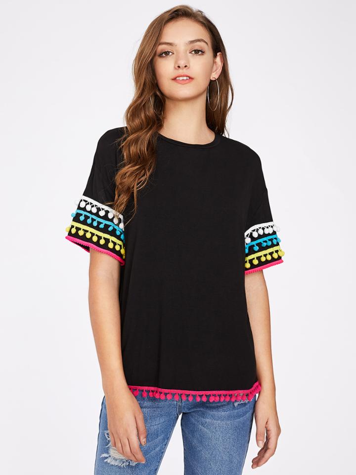 Shein Drop Shoulder Pom Pom Trim Tee