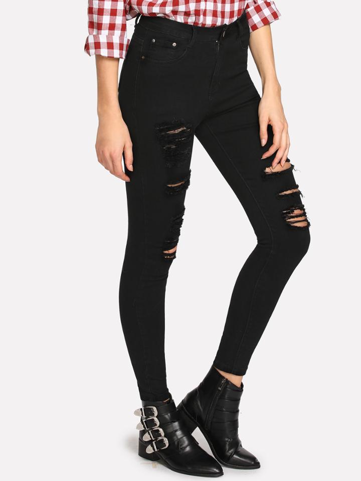Shein Rips Detail Dark Wash Jeans