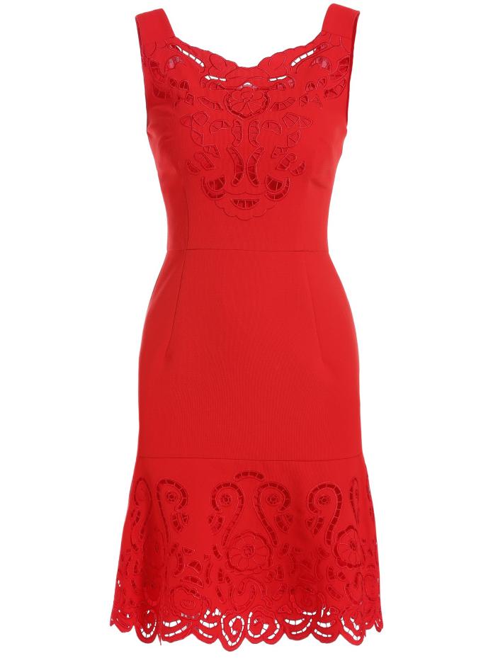 Shein Red Round Neck Sleeveless Hollow Embroidered Dress