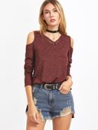 Shein Burgundy Marled Crisscross V Neck Open Shoulder High Low T-shirt