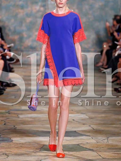 Shein Blue Crew Neck Contrast Lace Hem Dress