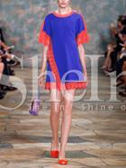 Shein Blue Crew Neck Contrast Lace Hem Dress