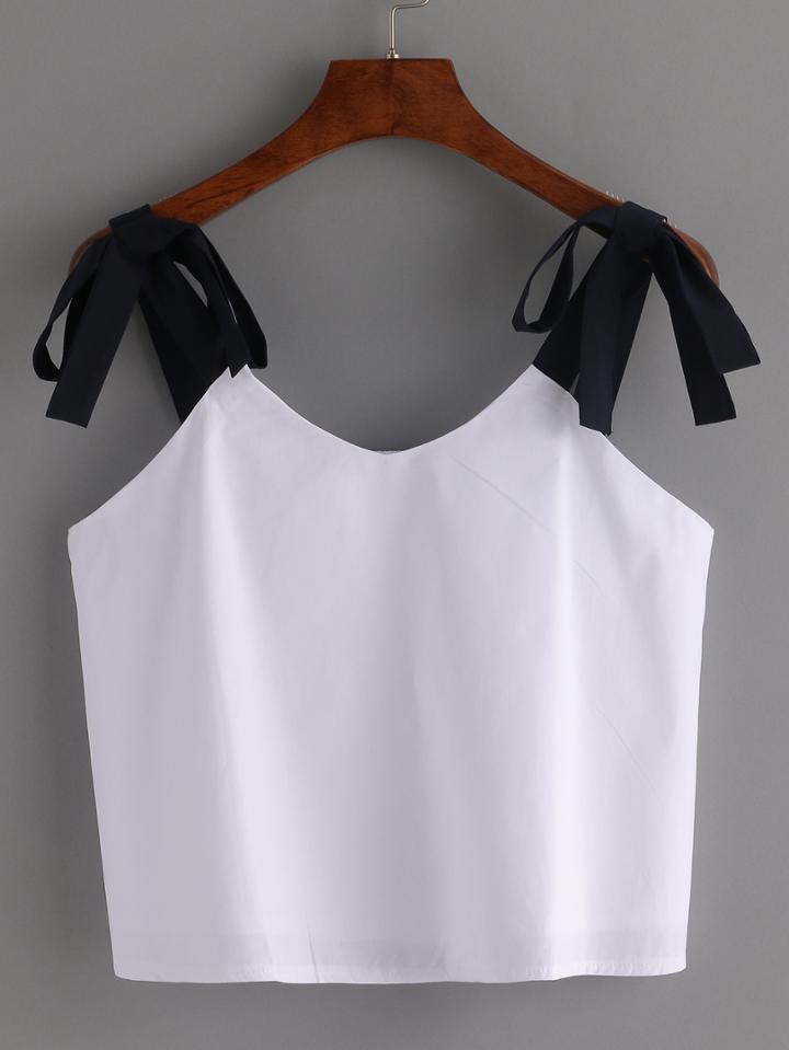 Shein White Lace Up Shoulder Color Block Crop Top